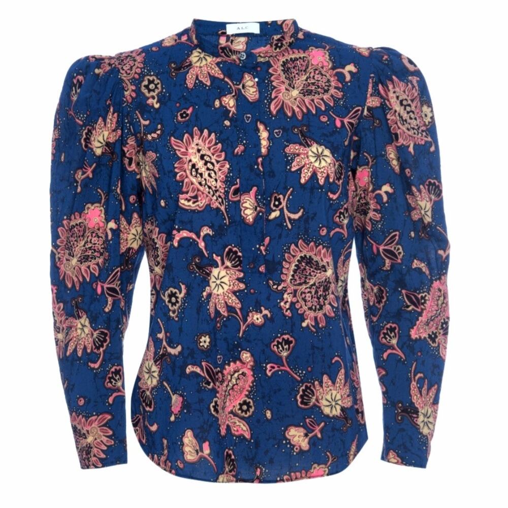 ALC Women Marci Blue Puff Sleeve Floral Blouse 4 Contemporary Cottage Boho